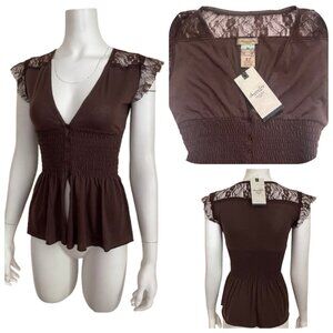 NWT American Rag Peplum Buttom Up Lace Ditails Brown Smocked Top